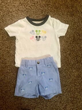 Janie and Jack White Tee with Multi-Color Mickeys & Light Blue Shorts